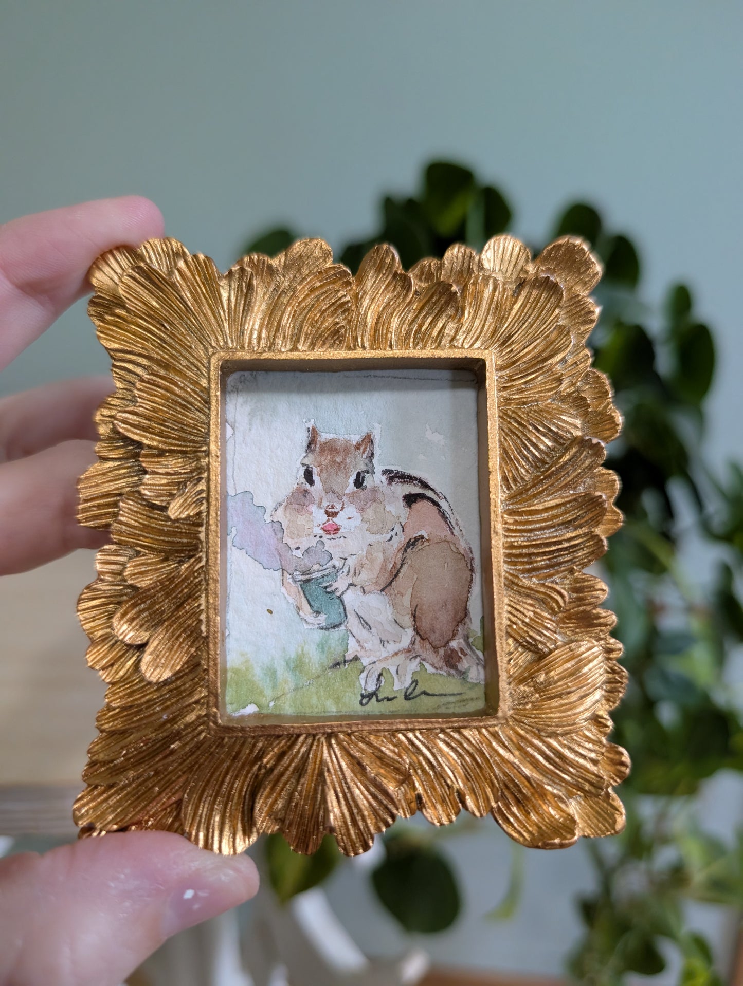 Mini Chipmunk with Coffee Painting - Original Watercolor Art by Lora Cavallin