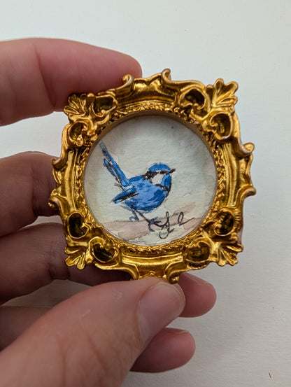 Mini Blue Fairy Wren Bird Painting - Original Watercolor Art by Lora Cavallin