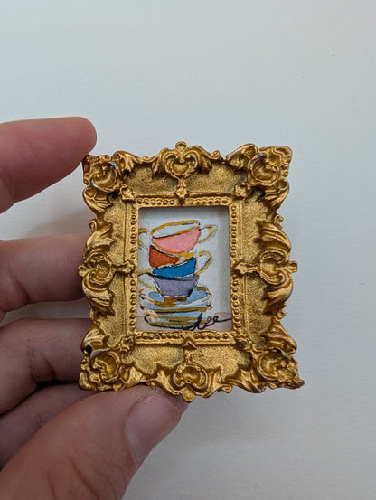 Mini Stack of Teacups Painting - Original Watercolor Art by Lora Cavallin