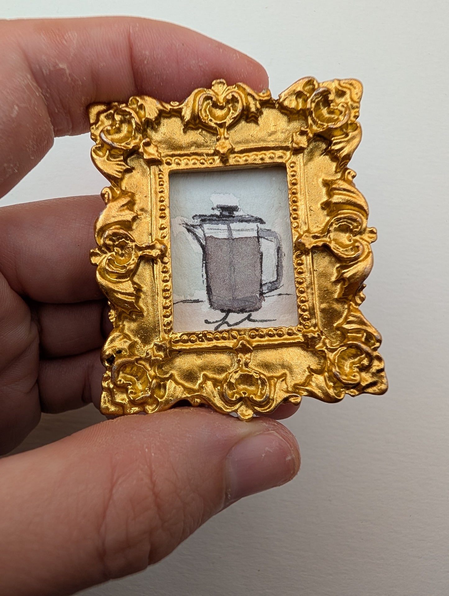 Mini French Press Coffee Painting - Original Watercolor Art by Lora Cavallin