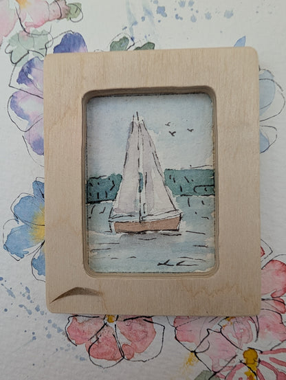 Mini Sailboat Painting - Original Watercolor Art by Lora Cavallin