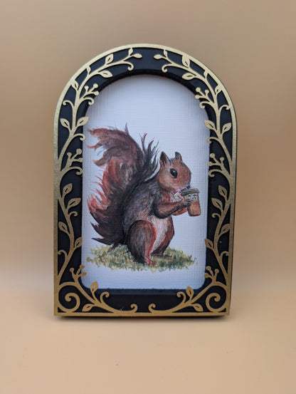 Squirrel Drinking Coffee Print - Arched Framed Print