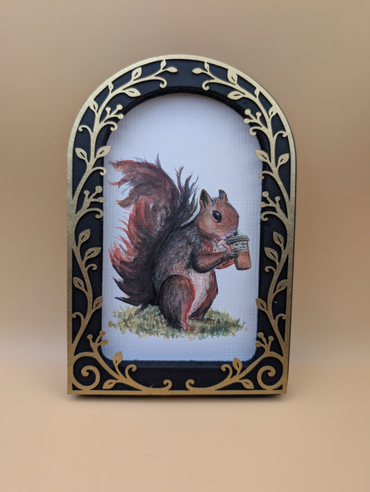 Squirrel Drinking Coffee Print - Arched Framed Print