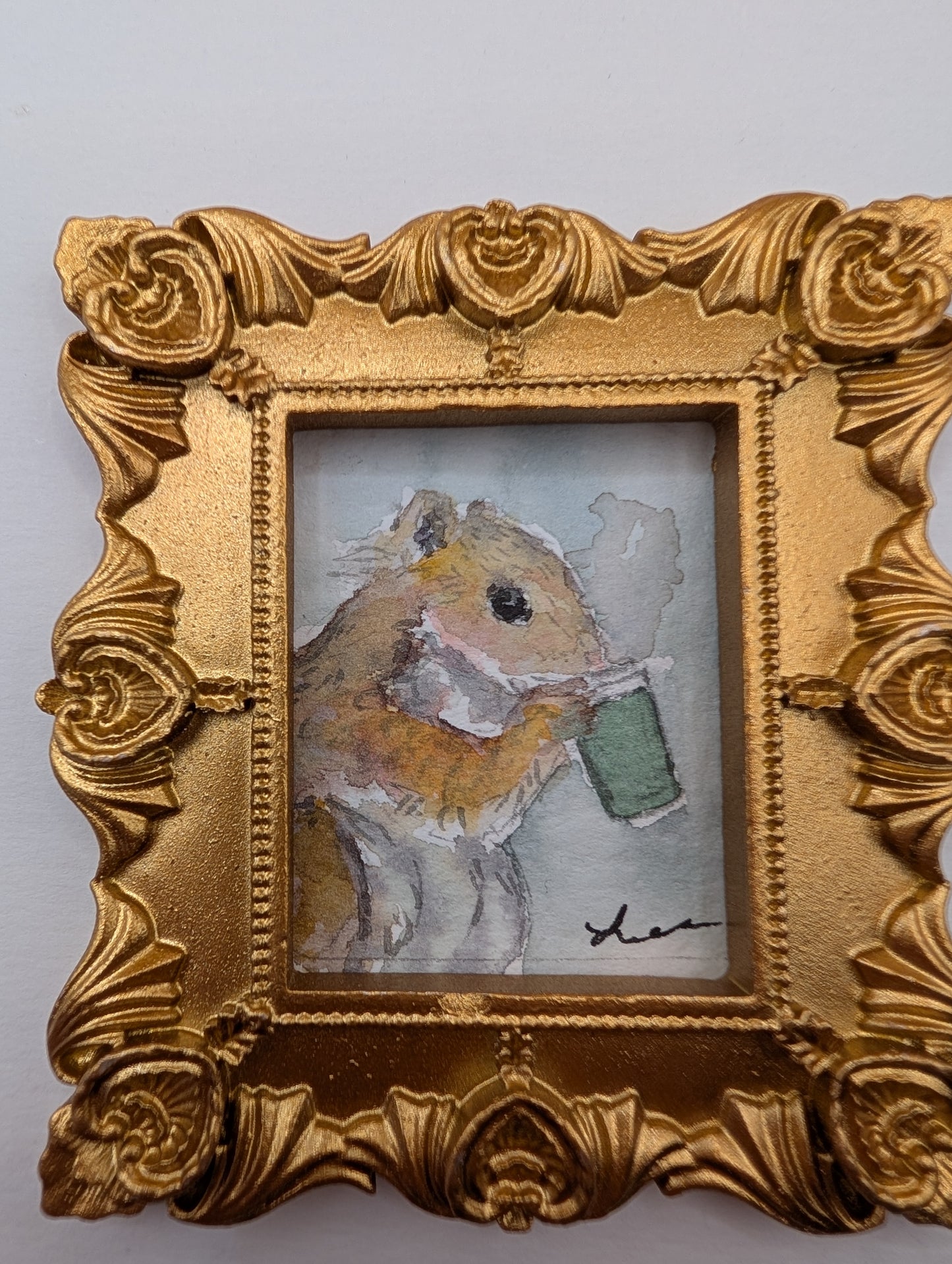 Mini Squirrel with Coffee Painting - Original Watercolor Art by Lora Cavallin
