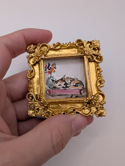 Mini Sleeping Cat Painting - Original Watercolor Art by Lora Cavallin