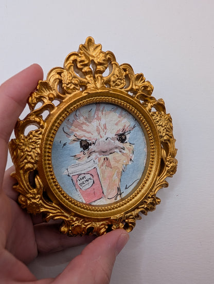 Mini Ostrich with Coffee Painting - Original Watercolor Art by Lora Cavallin