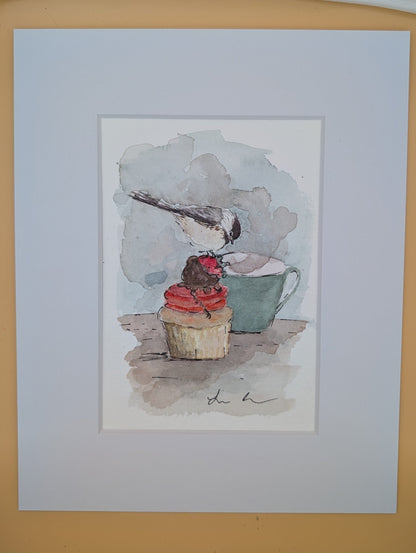 Chickadee Bird with Cupcake and Coffee Watercolor Painting - 5 x 7, 8 x 10" Mat - No Frame - Original Art by Lora Cavallin