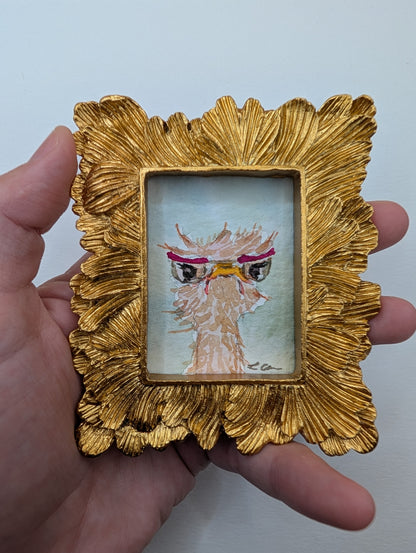 Mini Grumpy Ostrich with Glasses Painting - Original Watercolor Art by Lora Cavallin