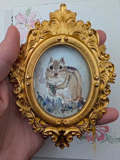 Mini Chipmunk with Coffee Painting - Original Watercolor Art by Lora Cavallin