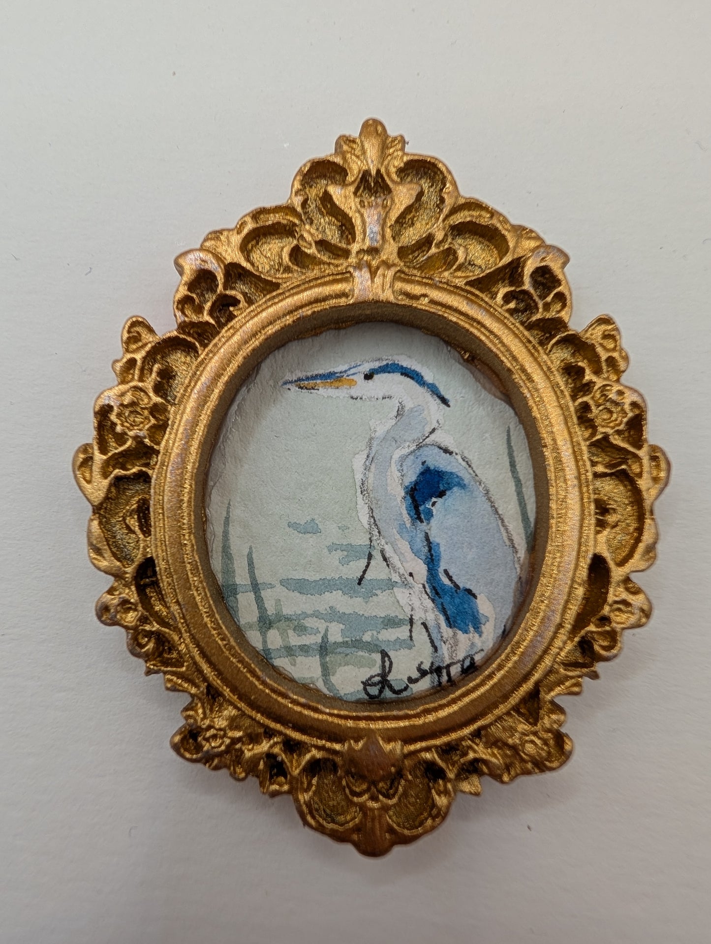 Mini Blue Heron Painting - Original Watercolor Art by Lora Cavallin