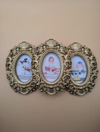 Small Birds on Teacups Art Print Set of Three - With Gold Frames - Watercolor Design