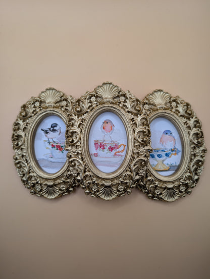 Small Birds on Teacups Art Print Set of Three - With Gold Frames - Watercolor Design