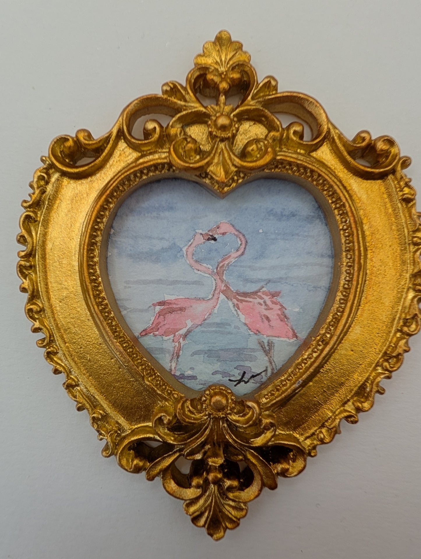 Mini Flamingos in Love Painting - Original Watercolor Art by Lora Cavallin