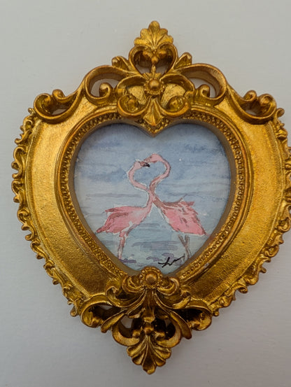Mini Flamingos in Love Painting - Original Watercolor Art by Lora Cavallin