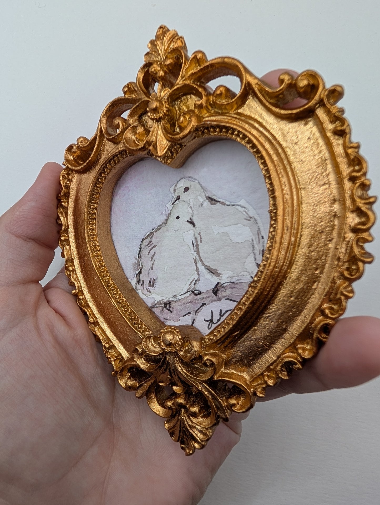 Mini Doves in Love Painting - Original Watercolor Art by Lora Cavallin