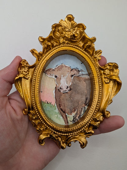 Mini Cow Painting - Original Watercolor Art by Lora Cavallin