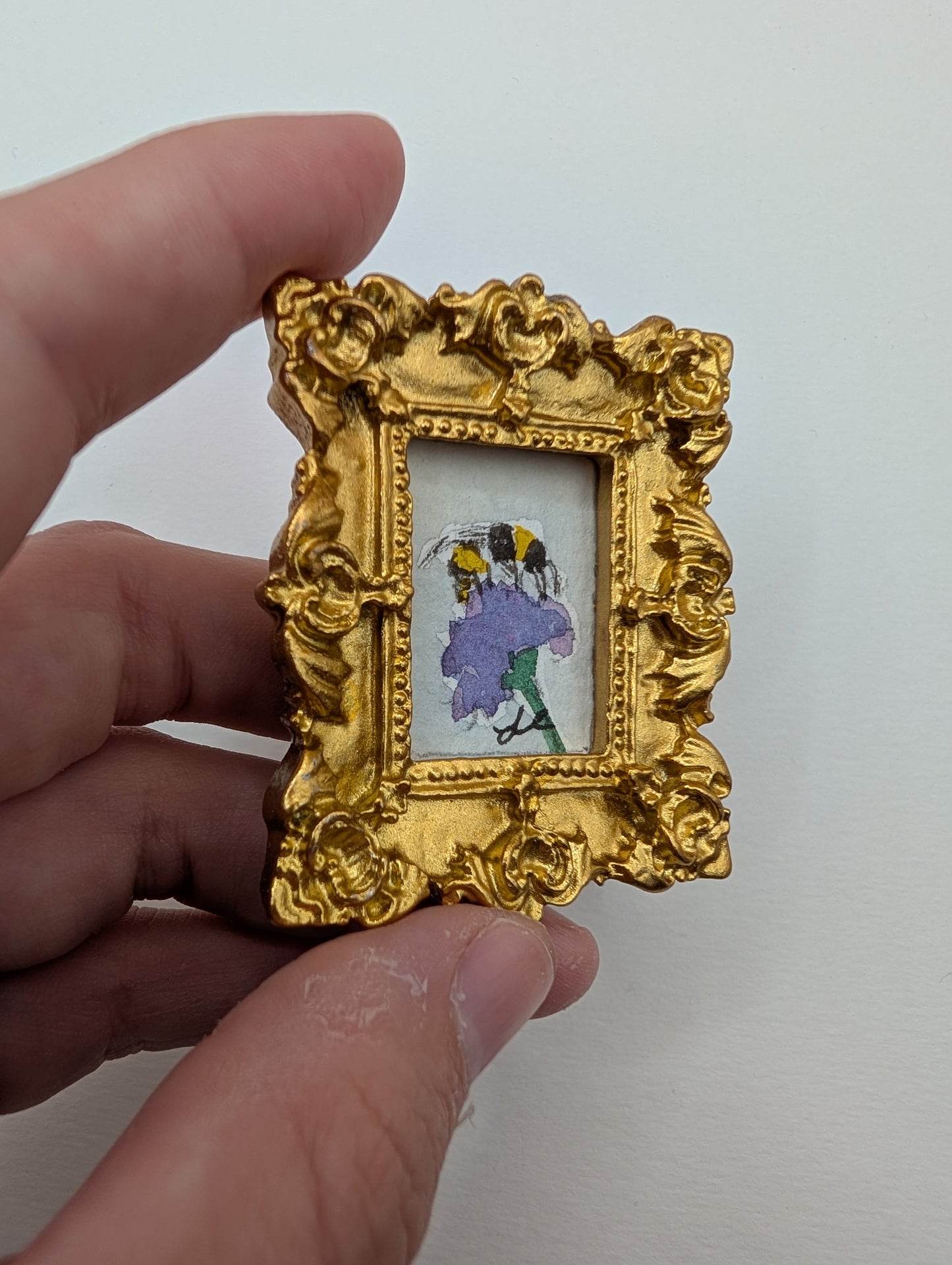Mini Bee on Flower Painting - Original Watercolor Art by Lora Cavallin