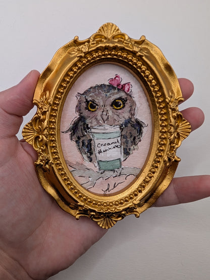 Mini Owl with Caramel Macchiato Painting - Original Watercolor Art by Lora Cavallin