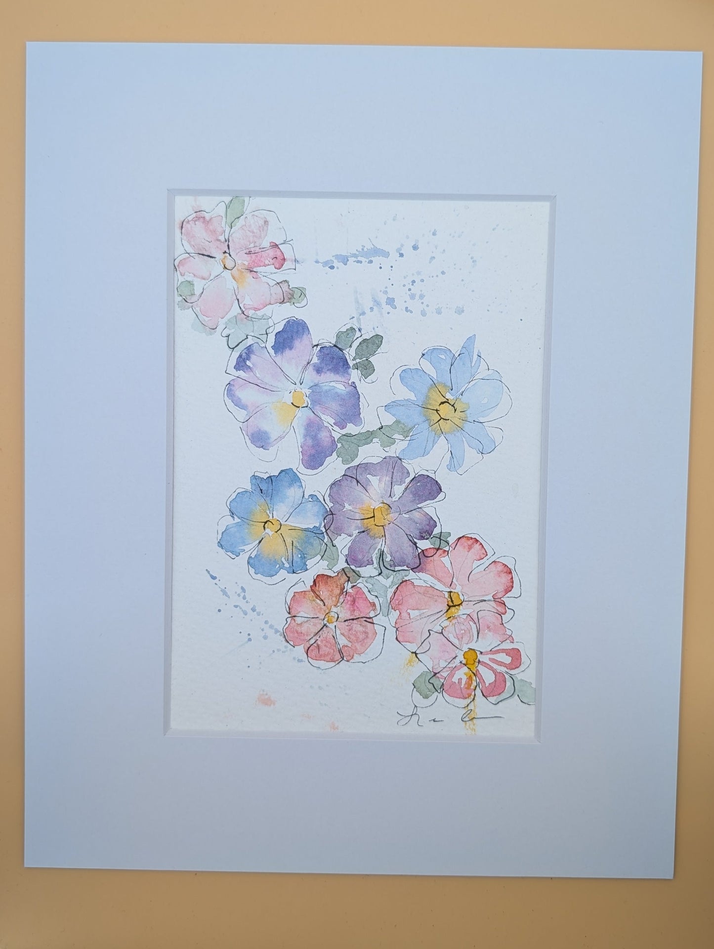 Loose Floral Watercolor Painting - 5 x 7, 8 x 10" Mat - No Frame - Original Art by Lora Cavallin