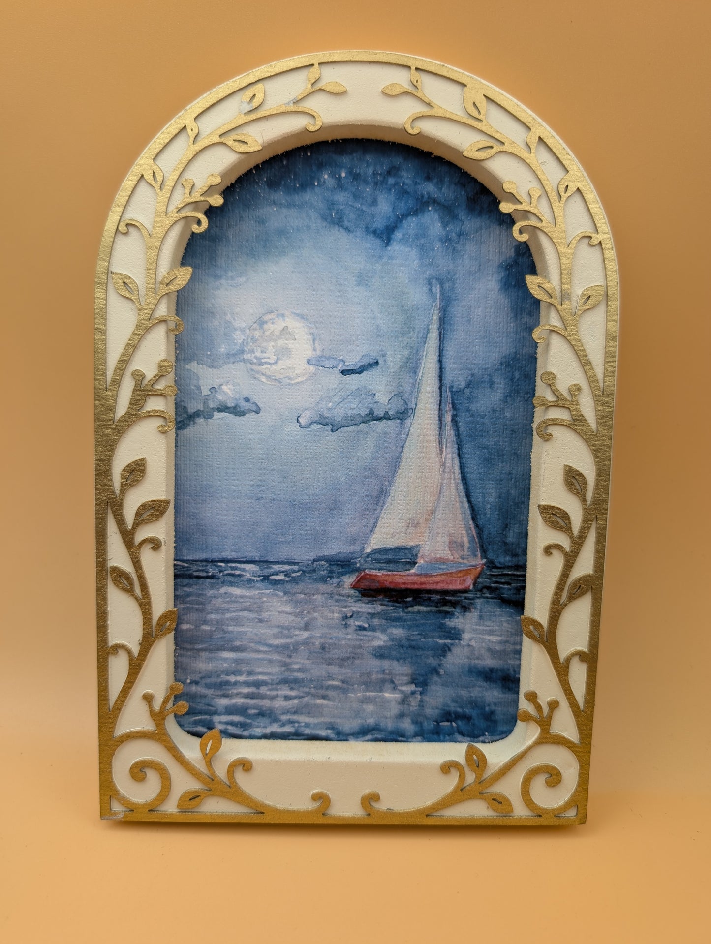 Sailboat and Full Moon Print - Arched Framed Print
