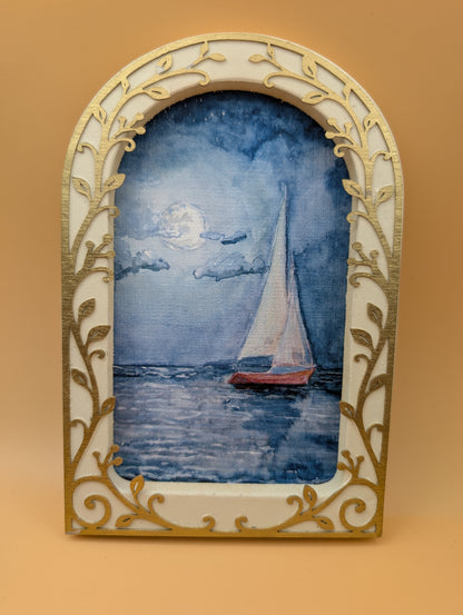 Sailboat and Full Moon Print - Arched Framed Print