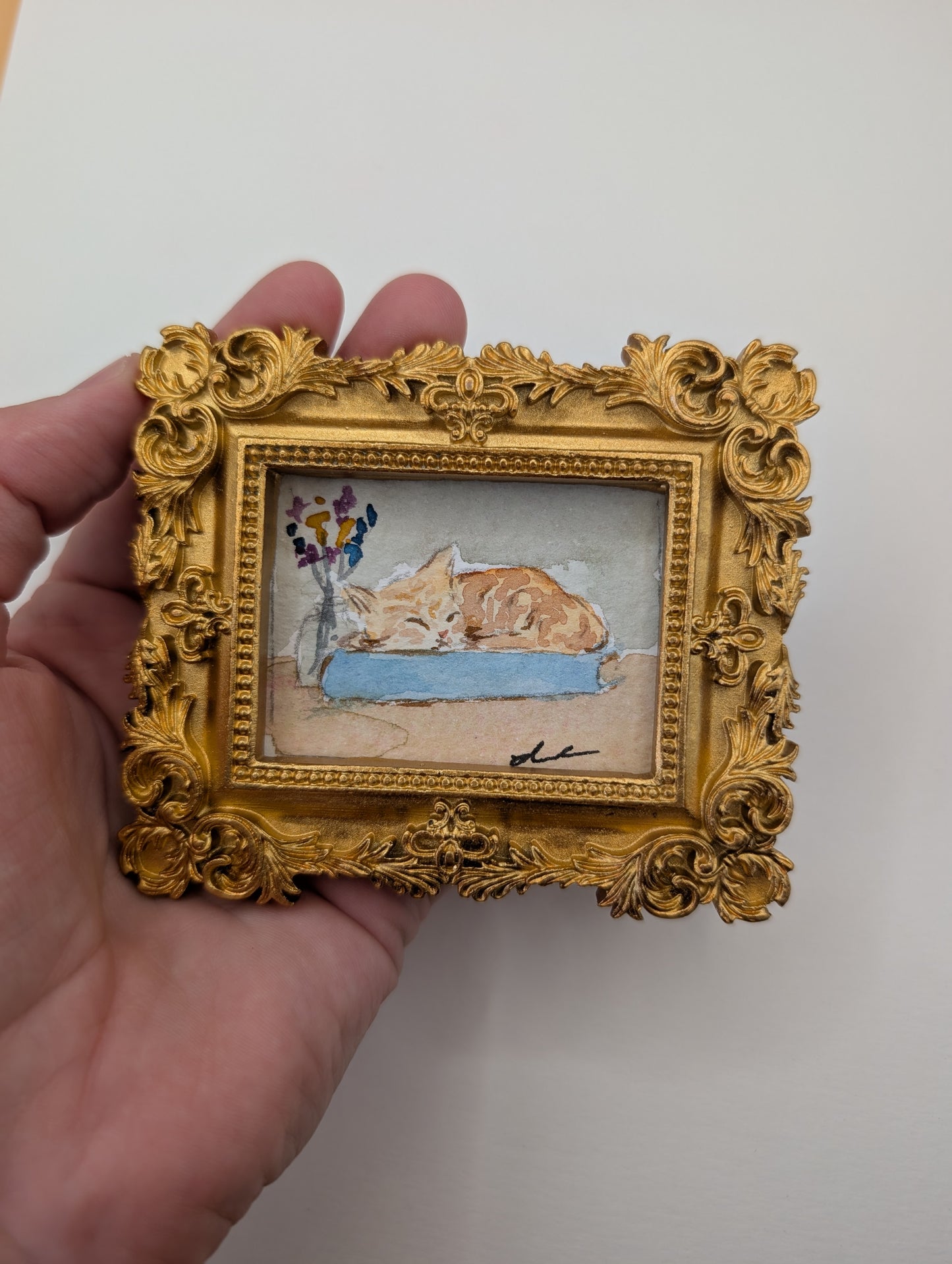 Mini Sleeping Cat Painting - Original Watercolor Art by Lora Cavallin