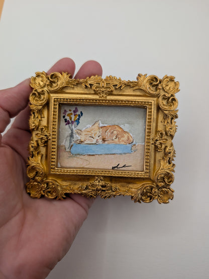 Mini Sleeping Cat Painting - Original Watercolor Art by Lora Cavallin