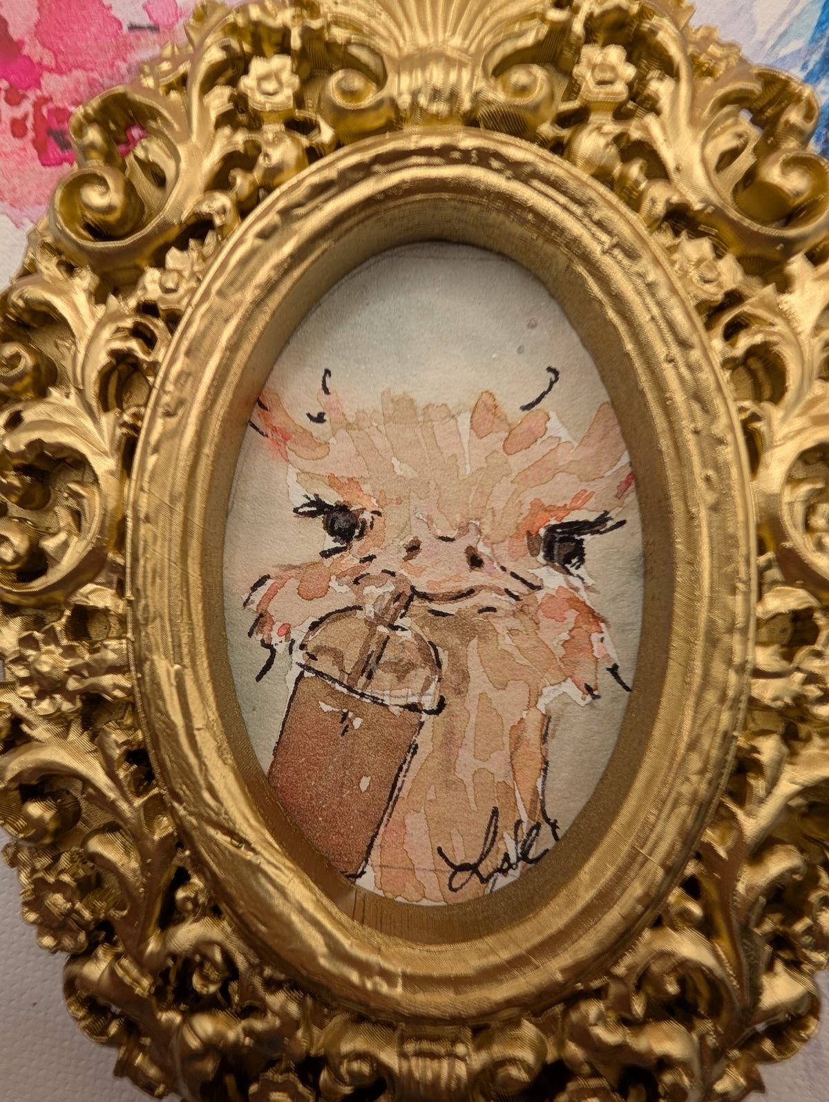 Mini Ostrich Frozen Drink Painting - Original Watercolor Art by Lora Cavallin