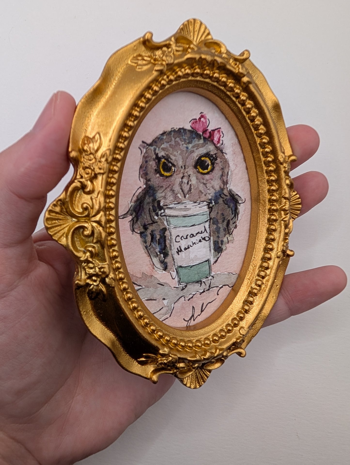 Mini Owl with Caramel Macchiato Painting - Original Watercolor Art by Lora Cavallin