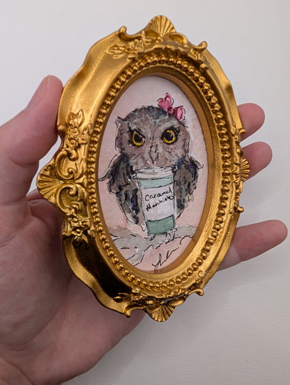 Mini Owl with Caramel Macchiato Painting - Original Watercolor Art by Lora Cavallin