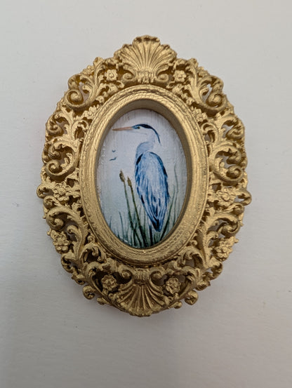 Tiny Blue Heron Watercolor Art Print - Dollhouse Size - With Gold Frame