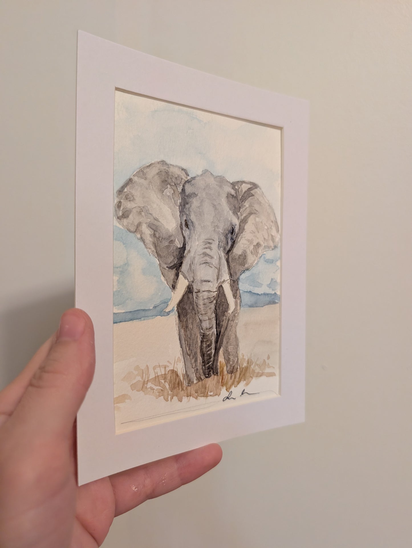 Elephant Watercolor Painting - 4 x 6" - No Frame, Comes with Mat - Original Art by Lora Cavallin
