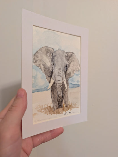 Elephant Watercolor Painting - 4 x 6" - No Frame, Comes with Mat - Original Art by Lora Cavallin