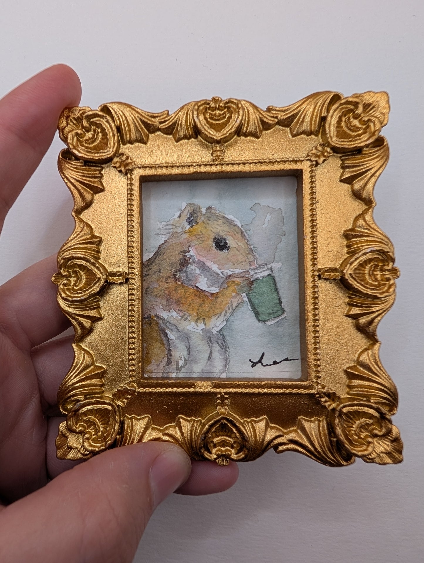 Mini Squirrel with Coffee Painting - Original Watercolor Art by Lora Cavallin