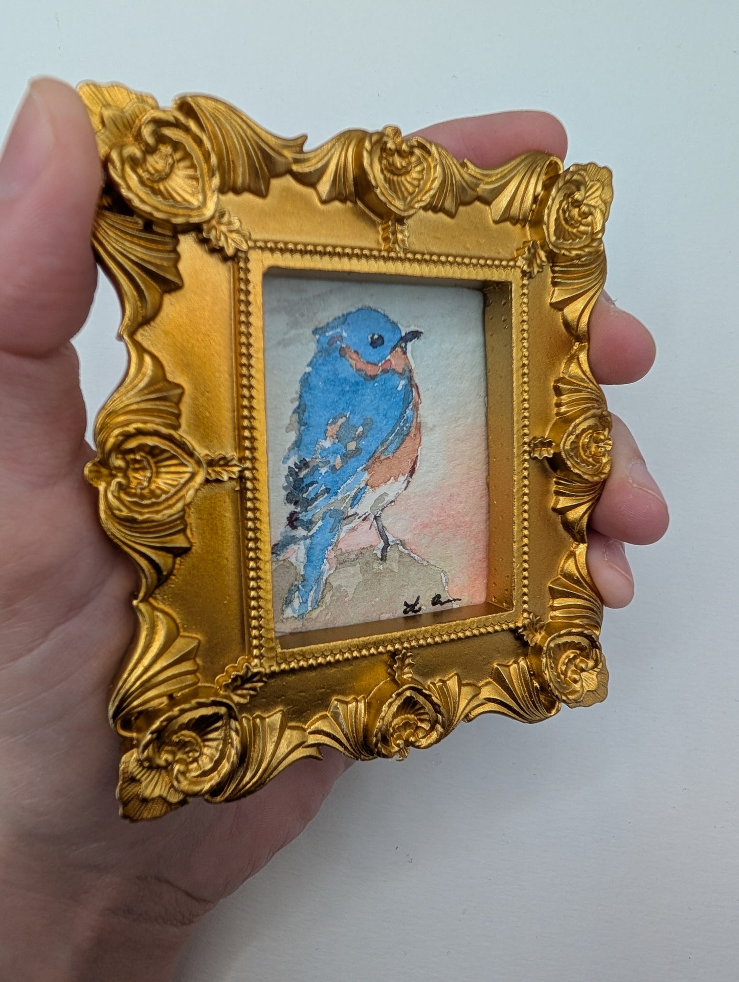 Mini Bluebird Painting - Original Watercolor Art by Lora Cavallin