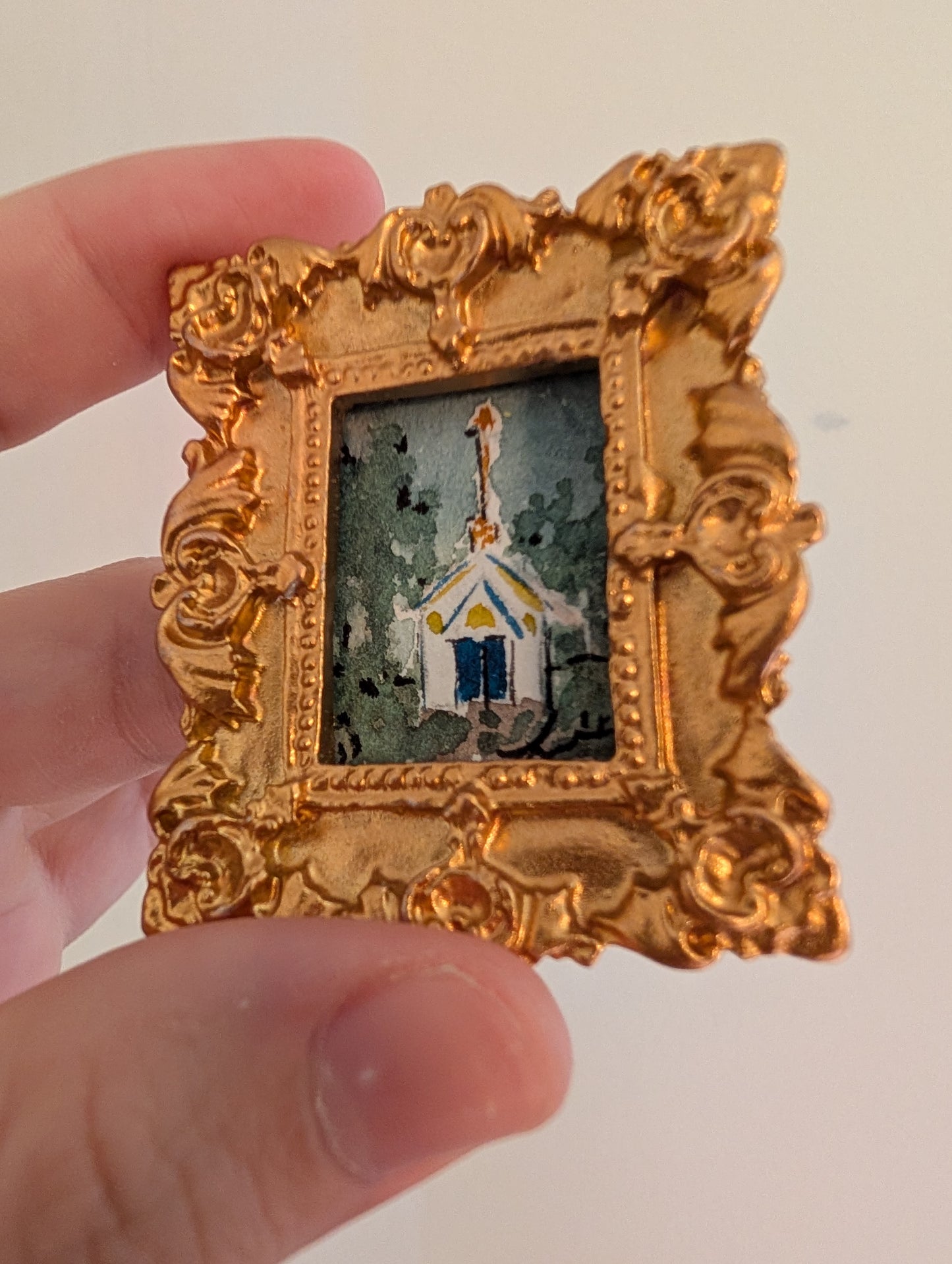 Mini Church at Night Painting - Original Watercolor Art by Lora Cavallin