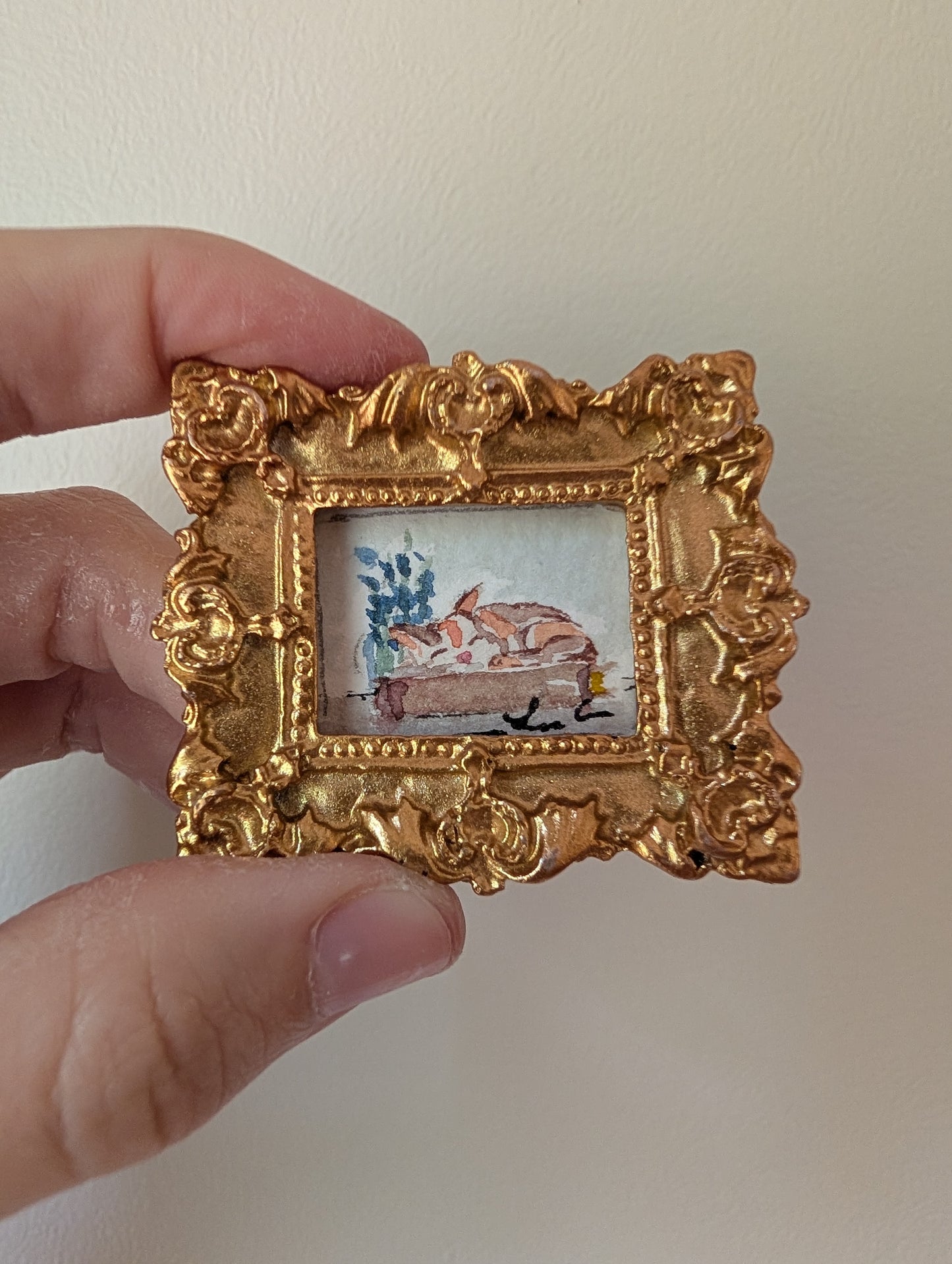 Mini Sleeping Cat Painting - Original Watercolor Art by Lora Cavallin