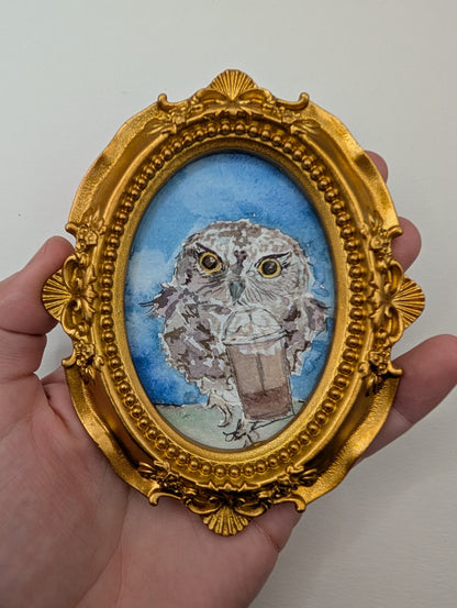 Mini Owl with Frozen Coffee Painting - Original Watercolor Art by Lora Cavallin