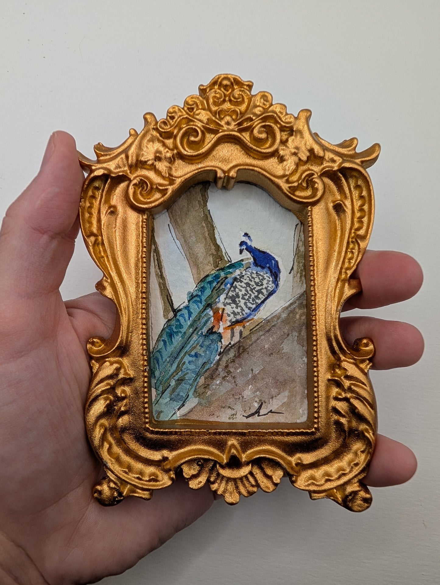 Mini Peacock Painting - Original Watercolor Art by Lora Cavallin