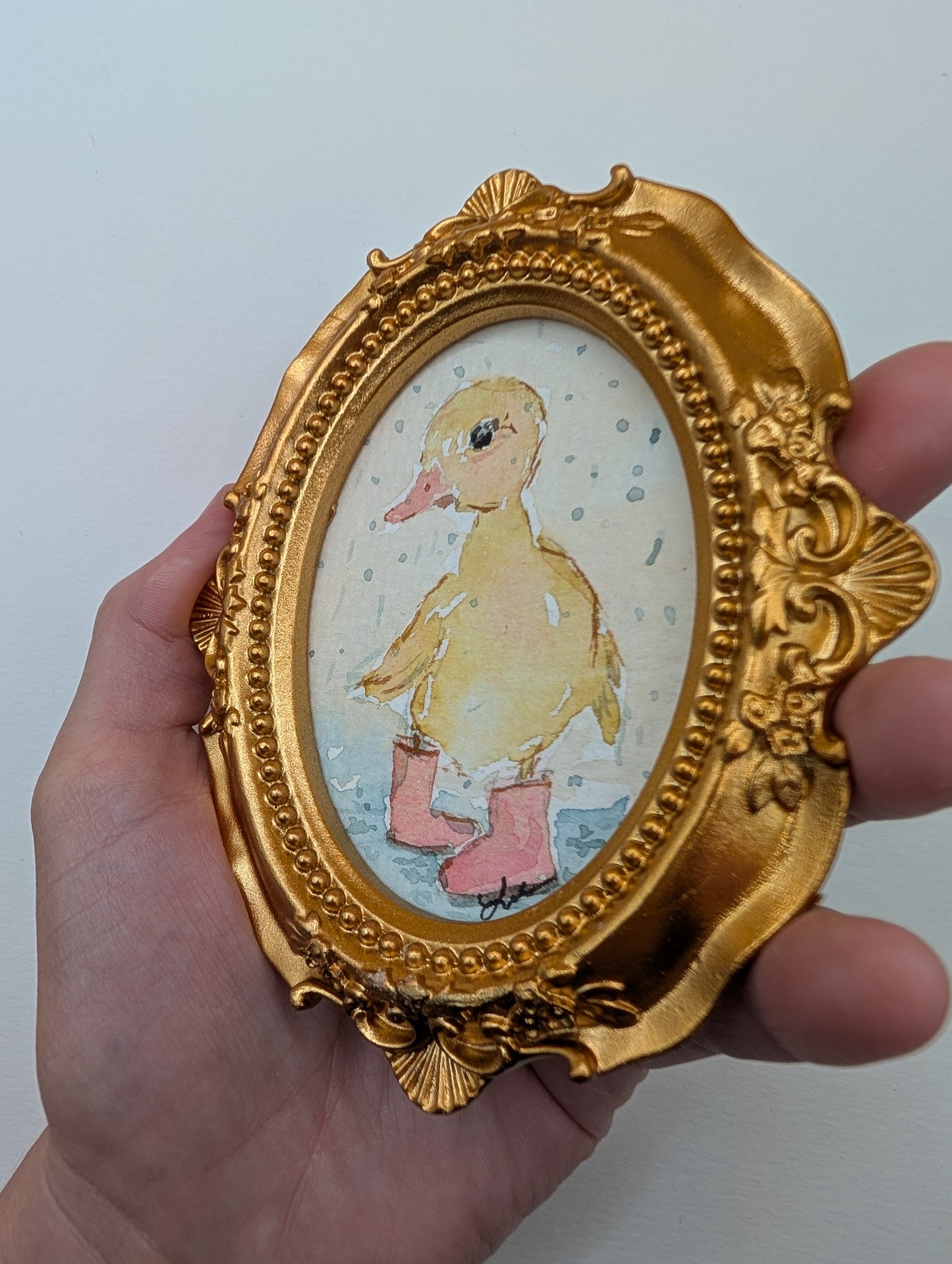 Mini Baby Duck with Boots Painting - Original Watercolor Art by Lora Cavallin
