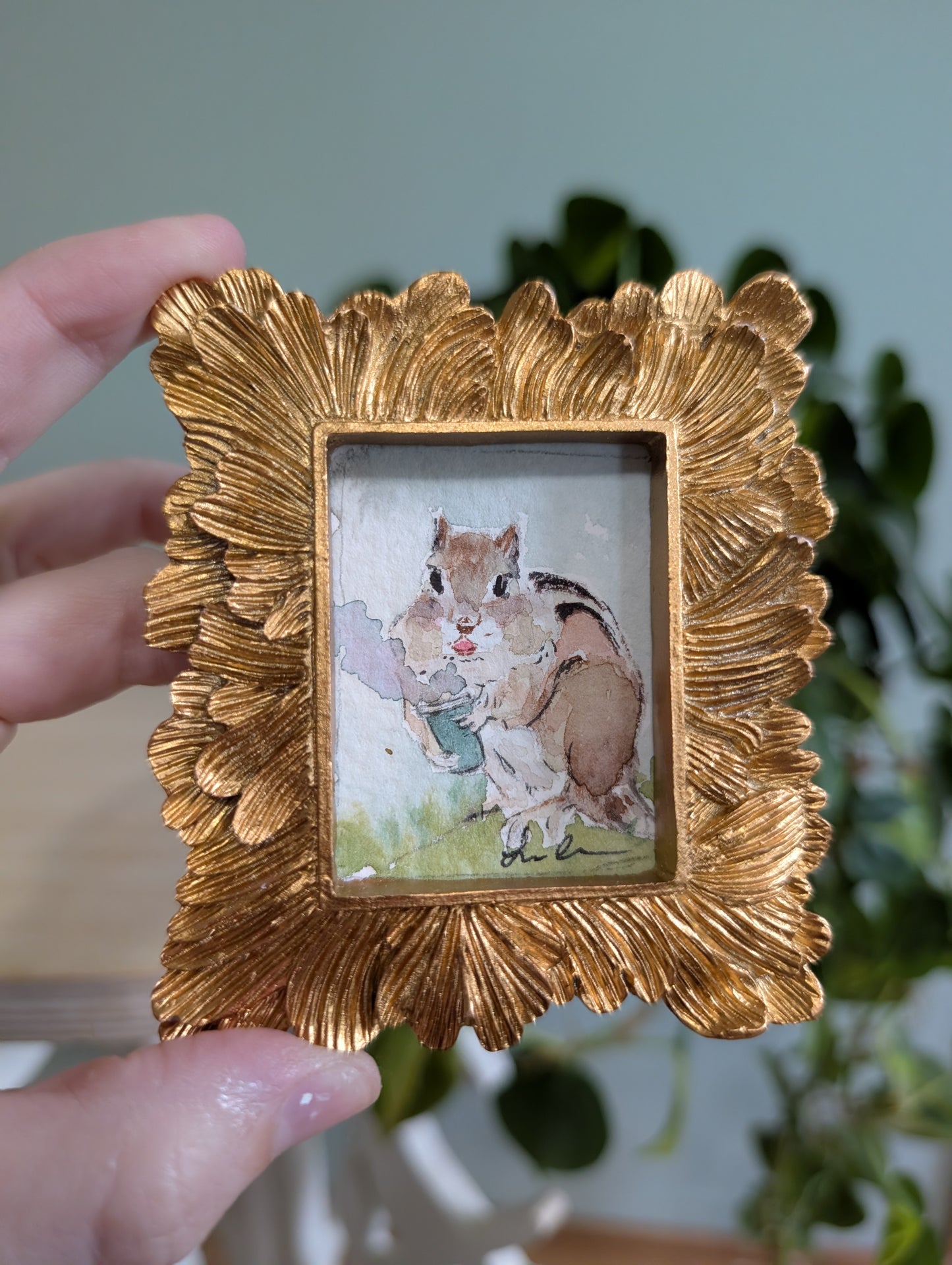 Mini Chipmunk with Coffee Painting - Original Watercolor Art by Lora Cavallin
