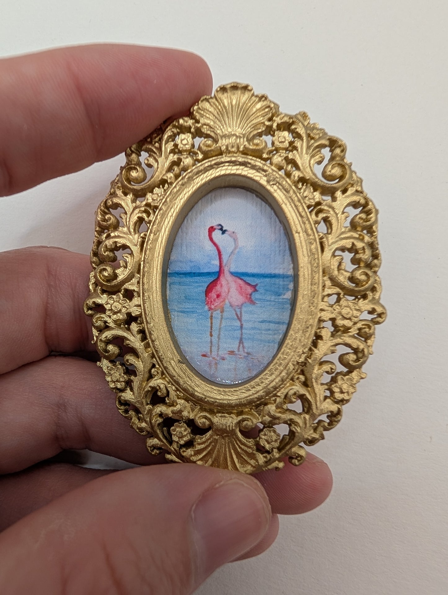 Tiny Flamingos in Love Watercolor Art Print - Dollhouse Size - With Gold Frame