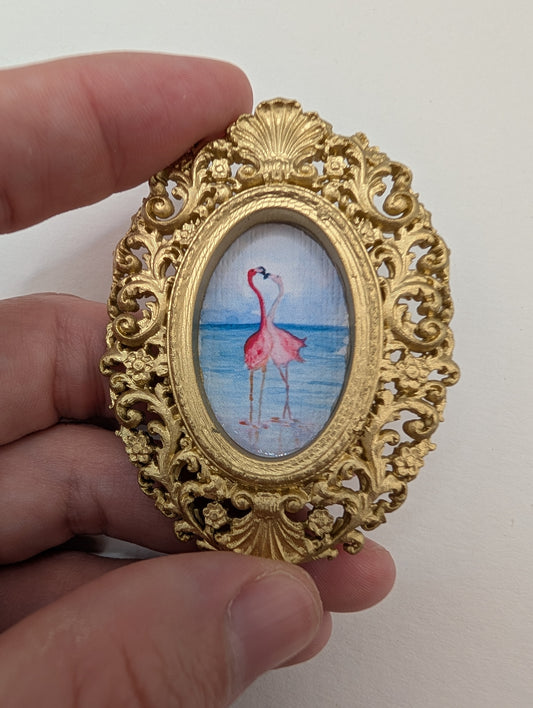 Tiny Flamingos in Love Watercolor Art Print - Dollhouse Size - With Gold Frame
