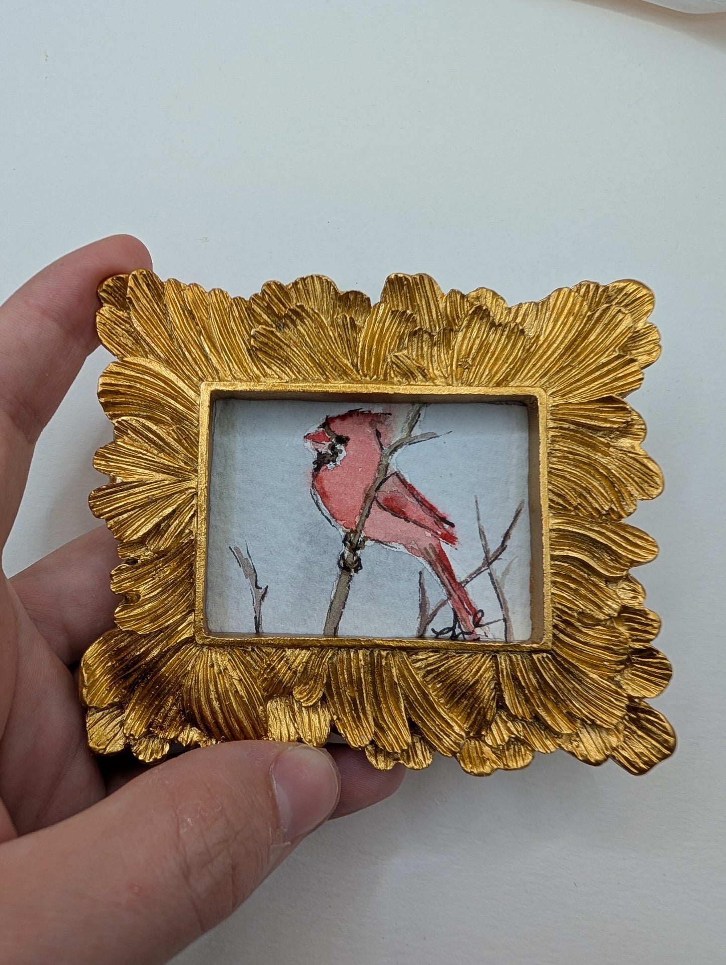 Mini Cardinal Bird Painting - Original Watercolor Art by Lora Cavallin
