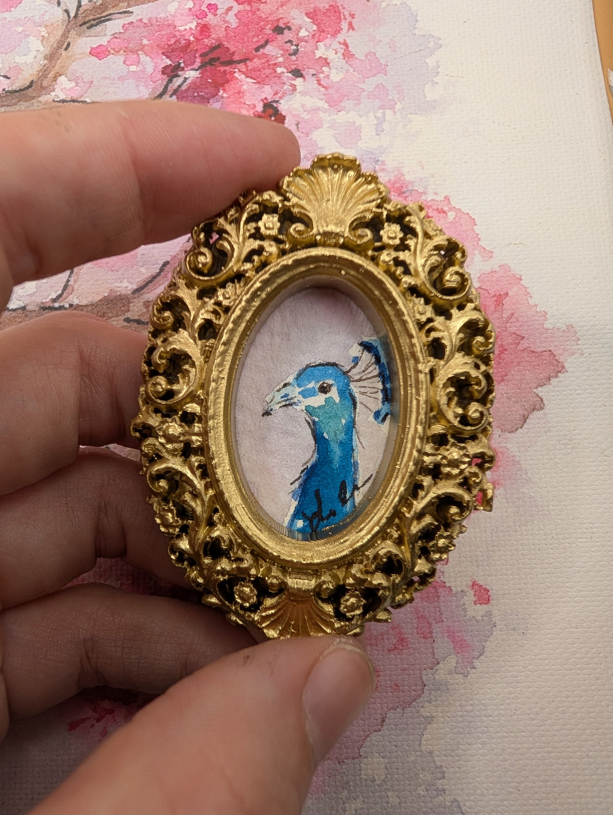 Mini Peacock Painting - Original Watercolor Art by Lora Cavallin