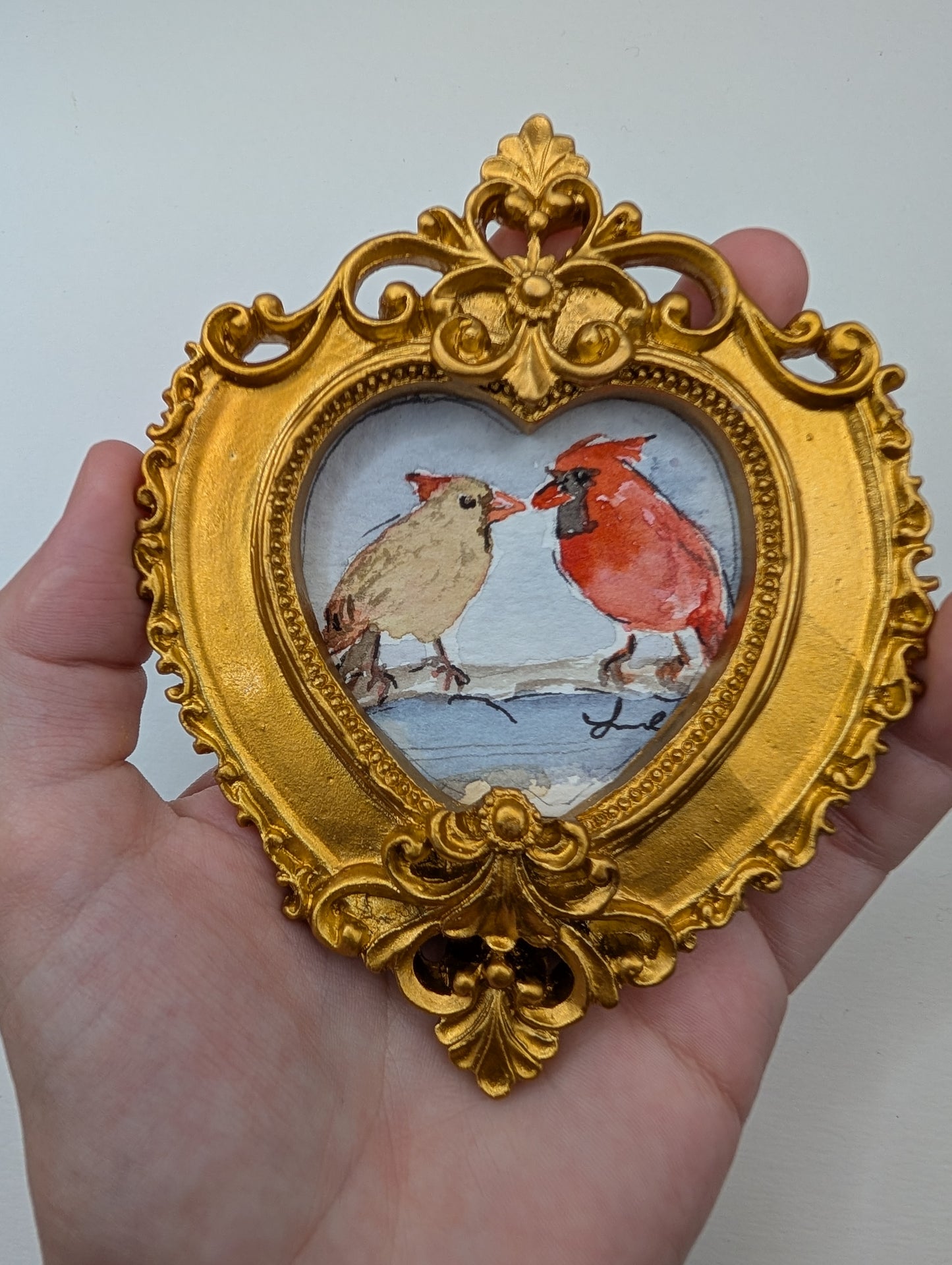 Mini Male and Female Cardinal Birds Painting - Original Watercolor Art by Lora Cavallin