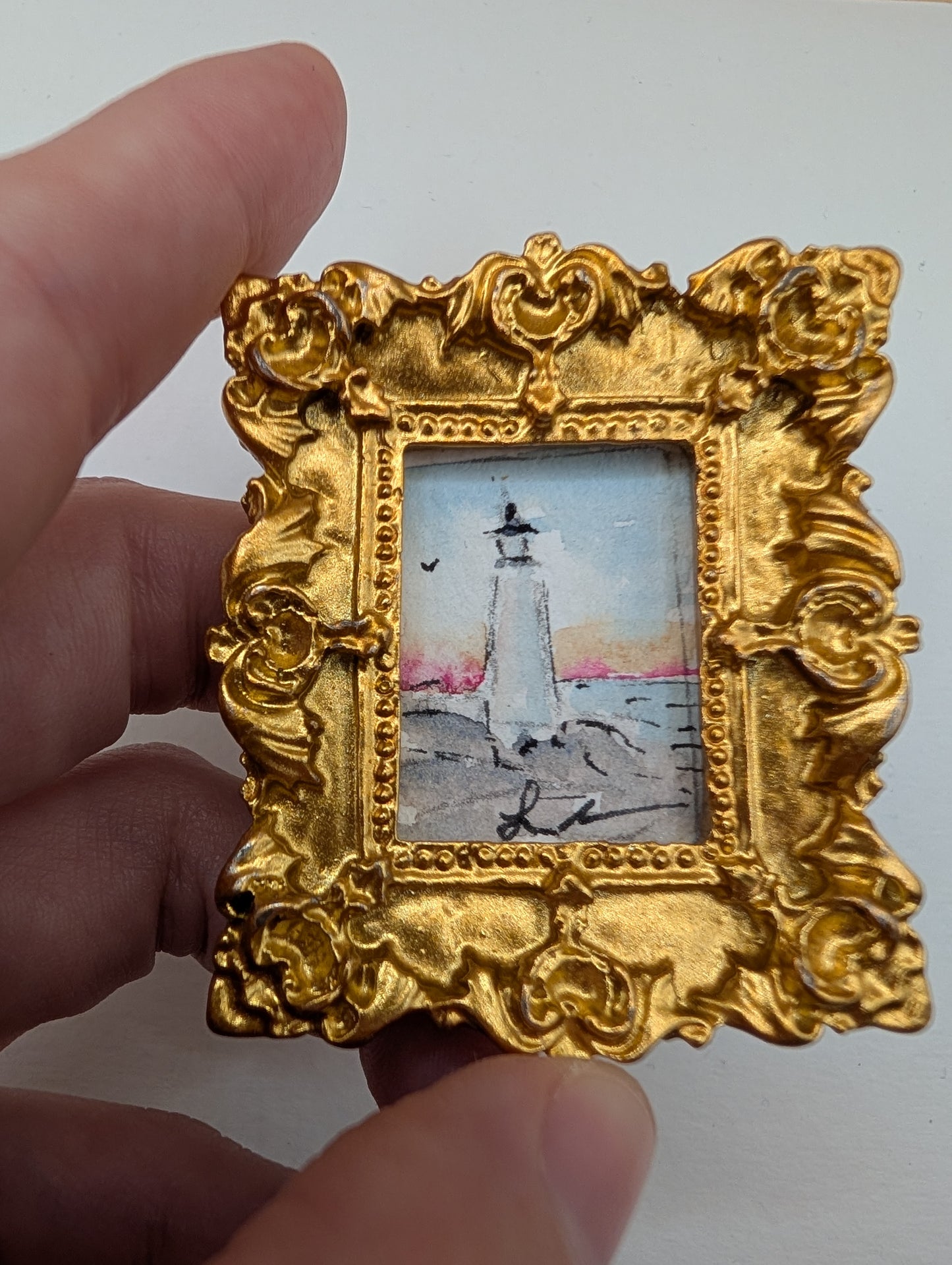 Mini Lighthouse Painting - Original Watercolor Art by Lora Cavallin