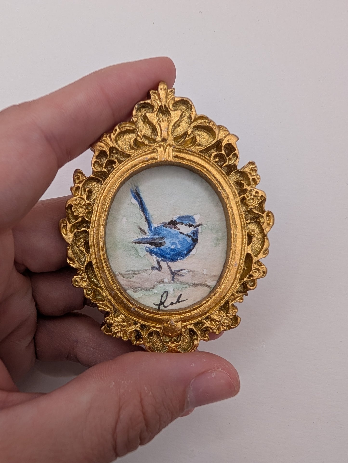 Mini Blue Fairy Wren Bird Painting - Original Watercolor Art by Lora Cavallin