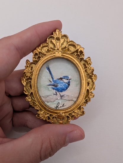 Mini Blue Fairy Wren Bird Painting - Original Watercolor Art by Lora Cavallin