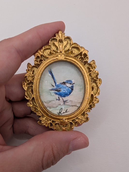 Mini Blue Fairy Wren Bird Painting - Original Watercolor Art by Lora Cavallin